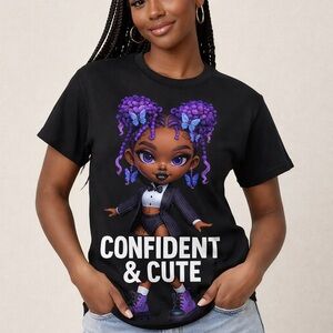 Confident & Cute Black Graphic Tee with Purple Doll Print